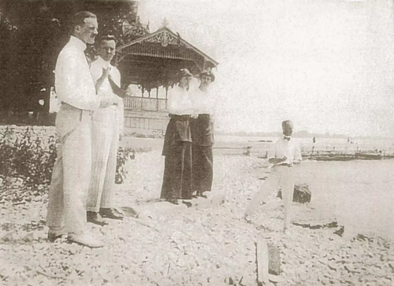 Middle Bass Club: Members outside Boat House, circa 1912. Looking east from the Club House grounds.