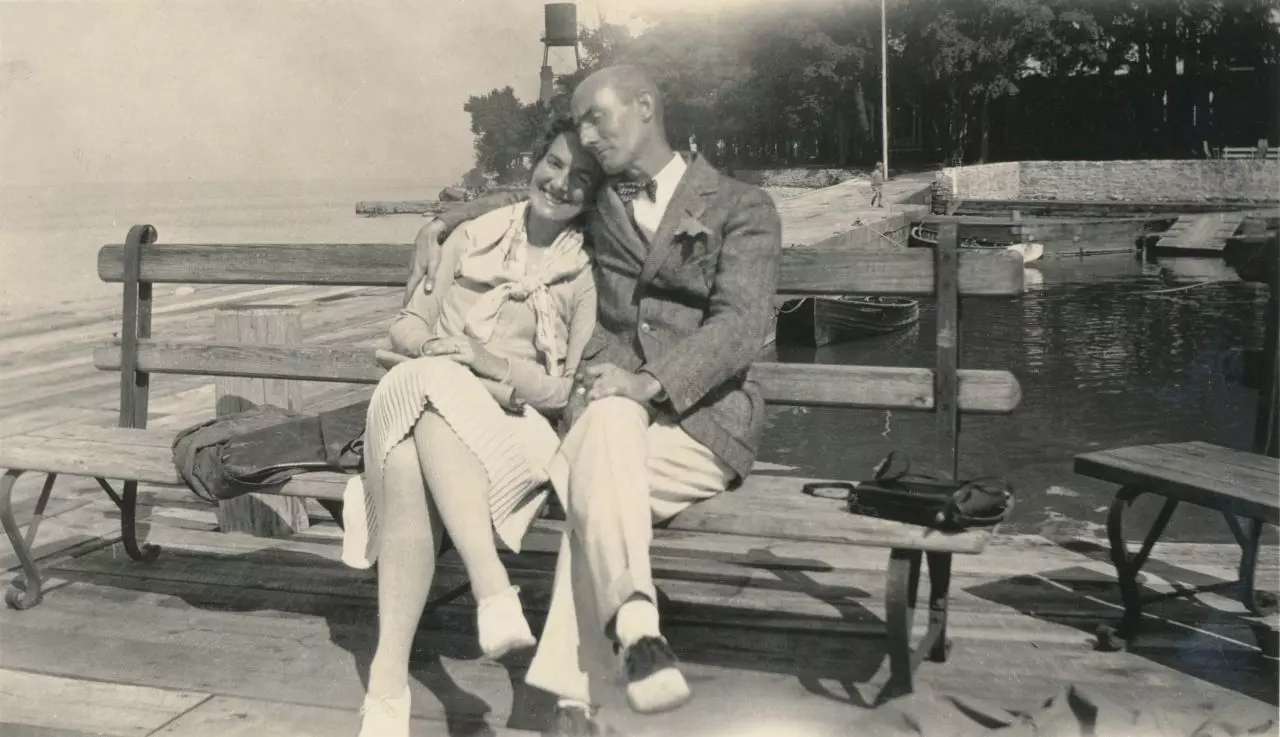 Middle Bass Club. Harold Norton & Barbara Strater on the dock, looking toward the west.