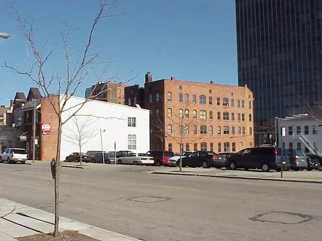 Photograph of the parking lot on Tenth St., The present day site of the Vienna and Lexington Apartments, February 2000