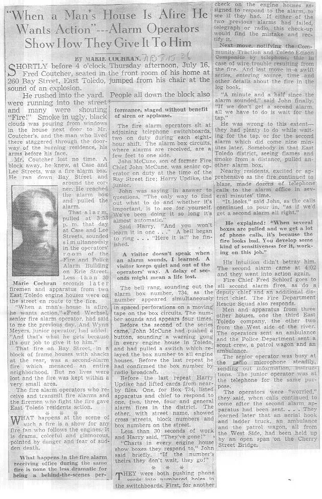 Columnist Marie Cochran on the Fire Alarm Operators, from The News-Bee Sept. 15, 1936.