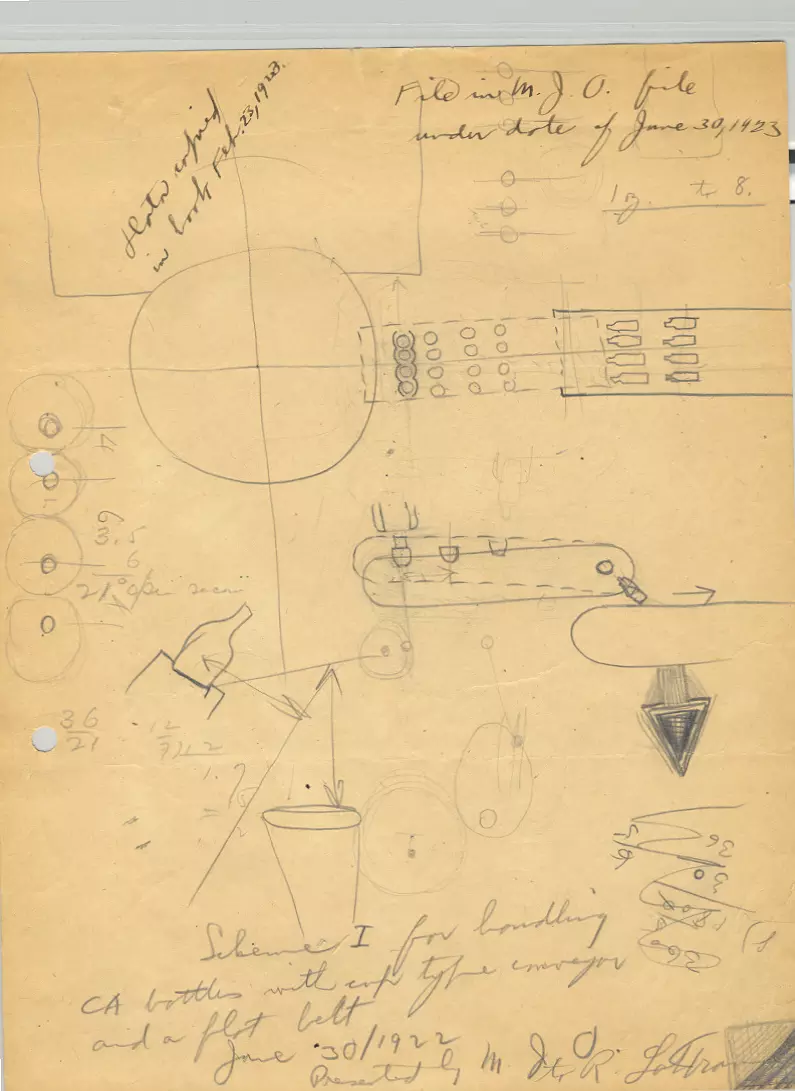 A drawing of Michael Owens's bottle-making machine